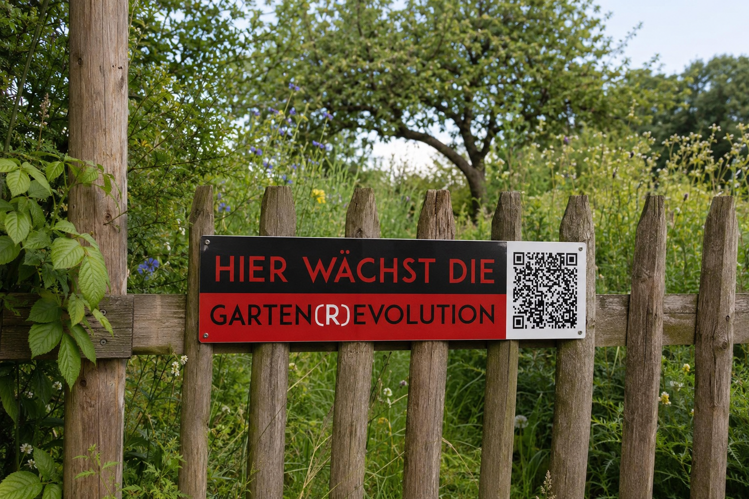 Die Plakette der Garten(R)evolution an einem Gartenzaun.